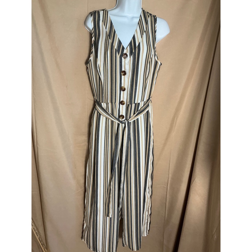 Naïf Striped Jumpsuit Womens M Black Tan White Excellent Wide Leg Belted V-Neck